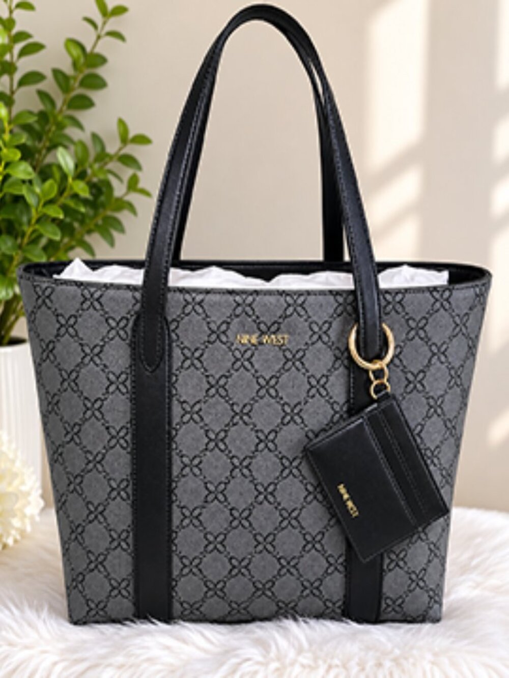 NWT Nine West Gray Monogram Tote Shoulder Bag w/ Removable Card Holder